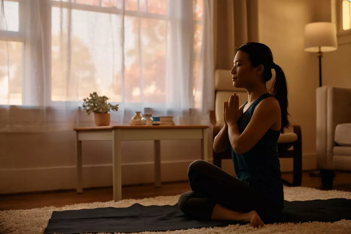 Vrouw mediteert thuis
